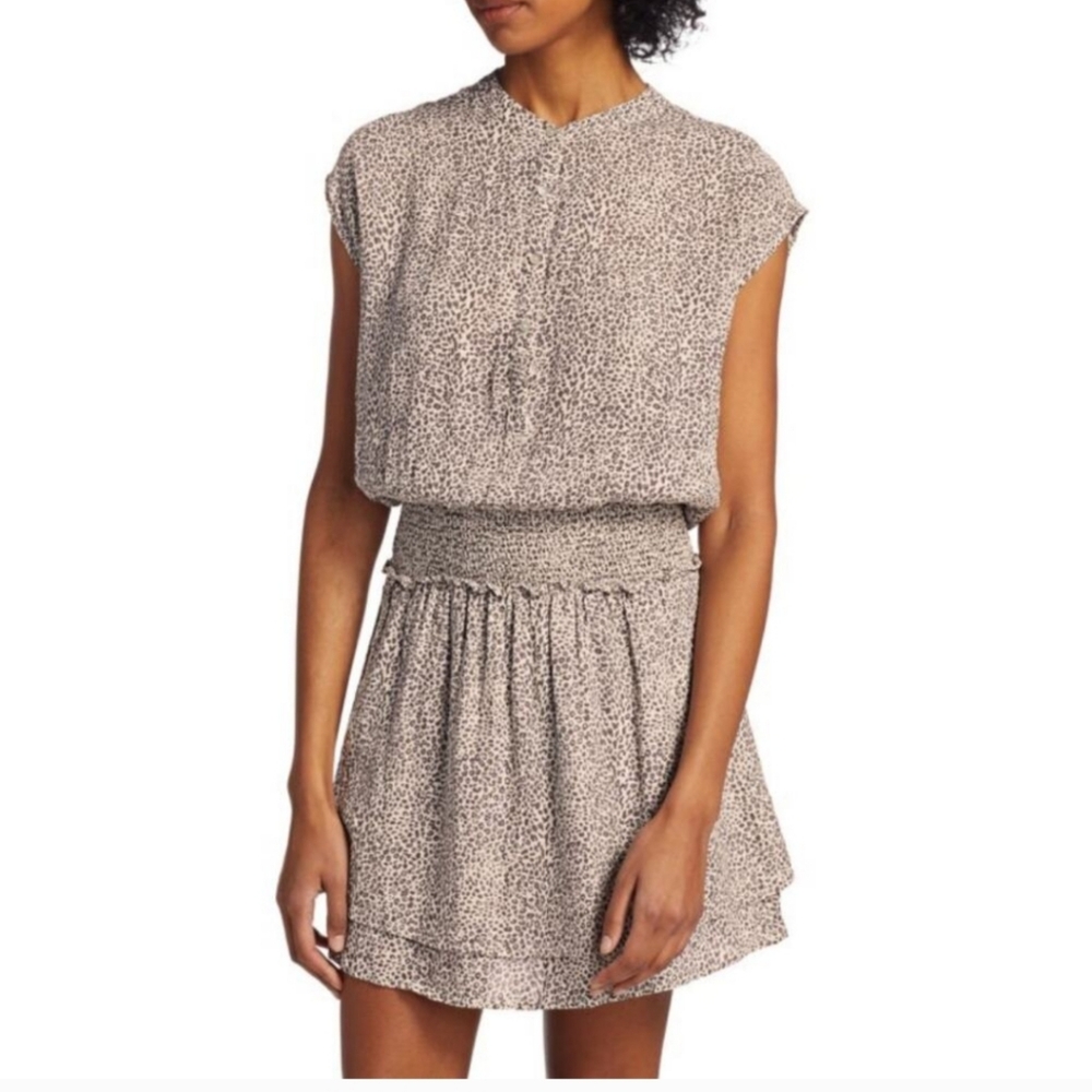 Rails ANGELINA Sand Cheetah NWT smocked linen-rayon Casual Dress Size M
